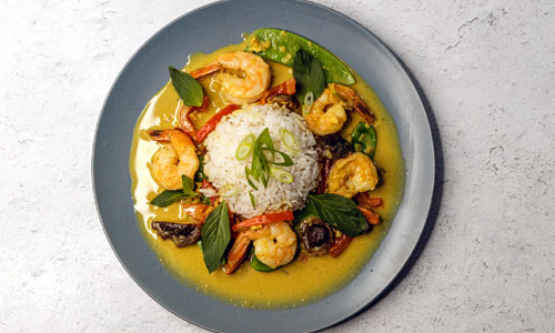 Thai Curry Plate with a sculptured mound of steamed jasmine rice